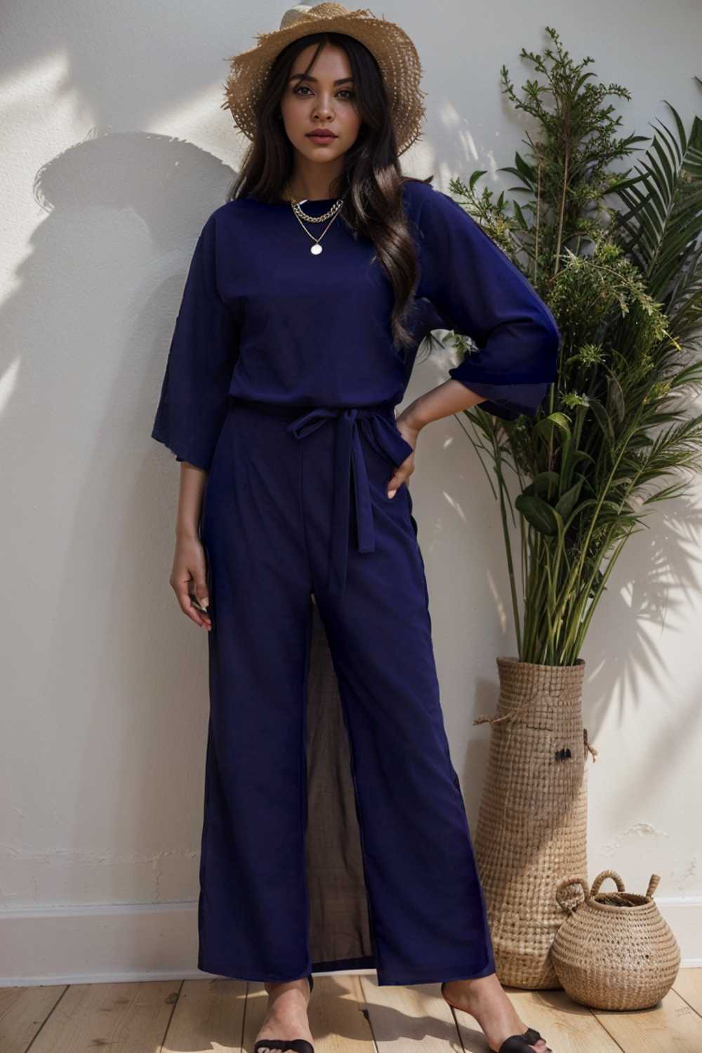 solid five point sleeve belted wide leg jumpsuit 106193