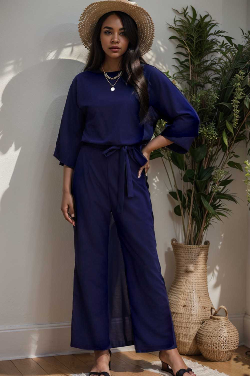 solid five point sleeve belted wide leg jumpsuit 106192