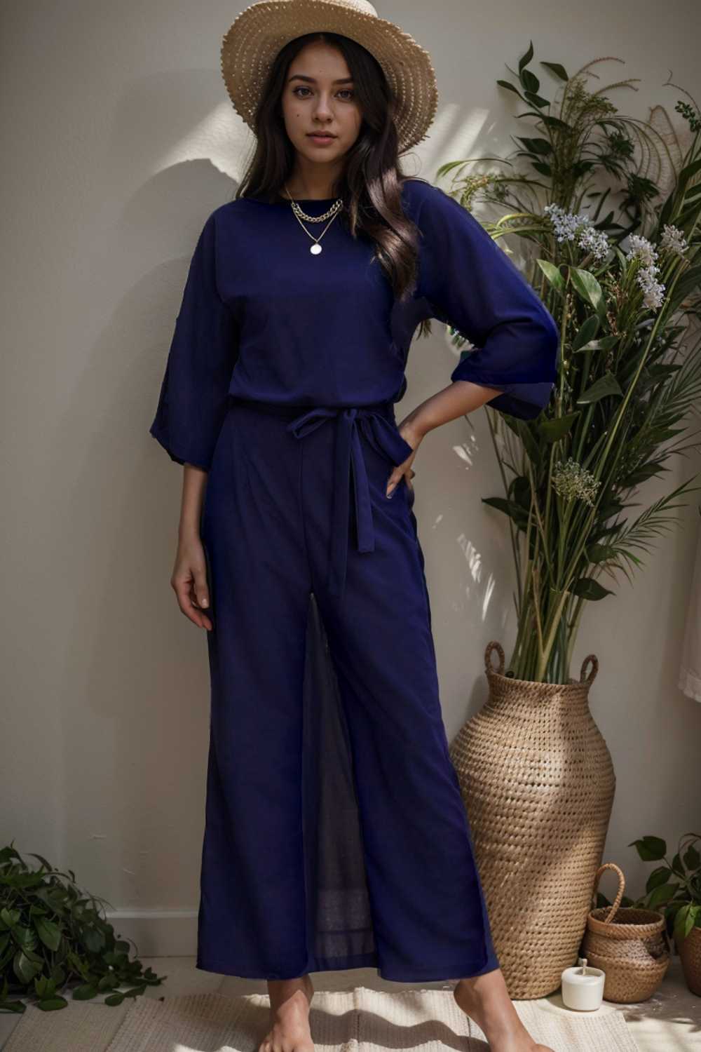 solid five point sleeve belted wide leg jumpsuit 106375