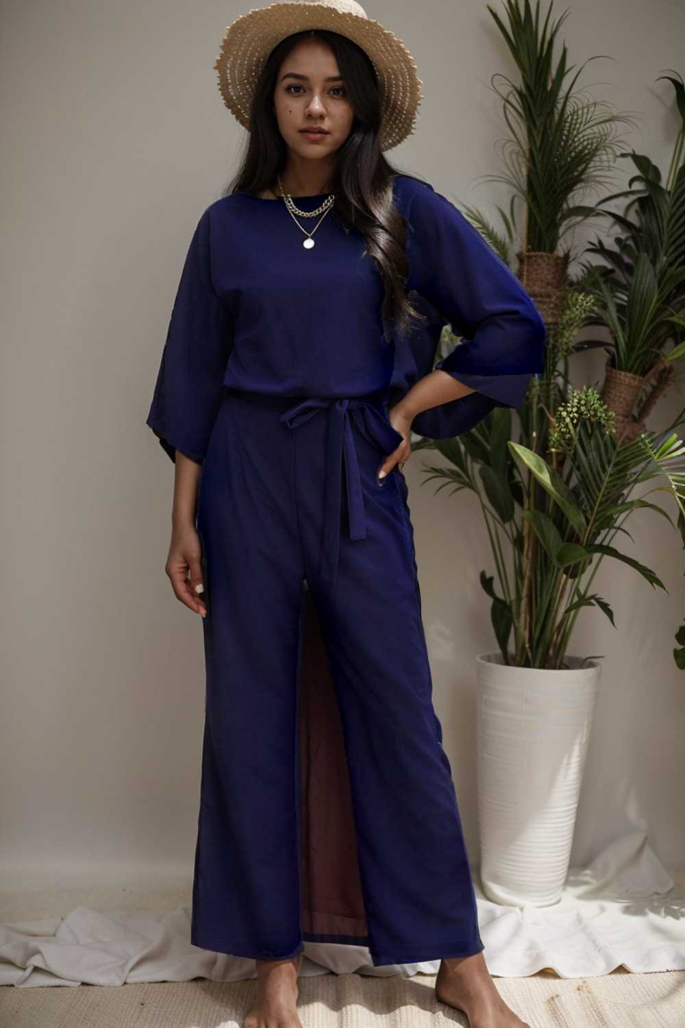 solid five point sleeve belted wide leg jumpsuit 106374