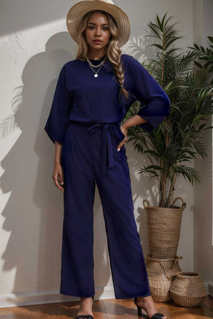 solid five point sleeve belted wide leg jumpsuit 106191