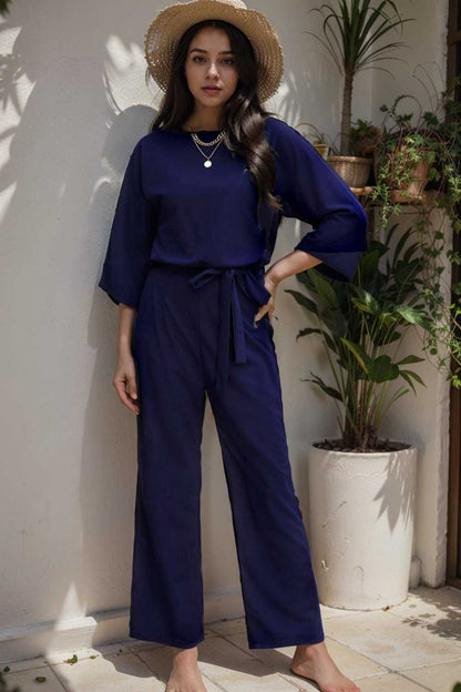 solid five point sleeve belted wide leg jumpsuit 106373