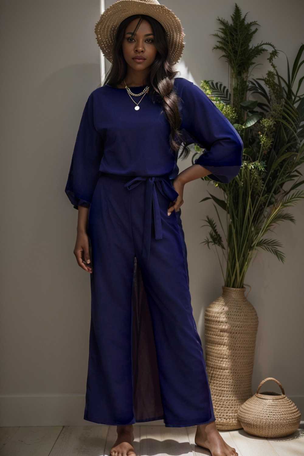 solid five point sleeve belted wide leg jumpsuit 106190