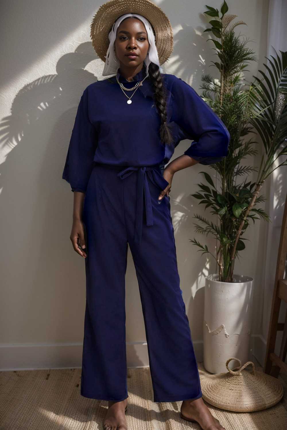solid five point sleeve belted wide leg jumpsuit 106189