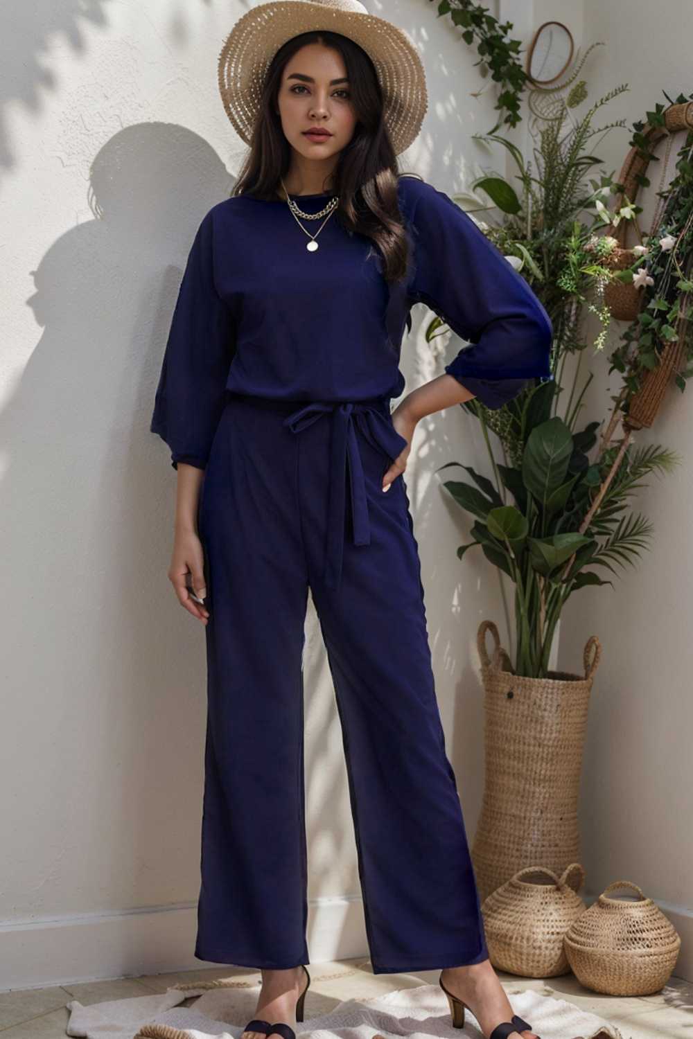 solid five point sleeve belted wide leg jumpsuit 106188