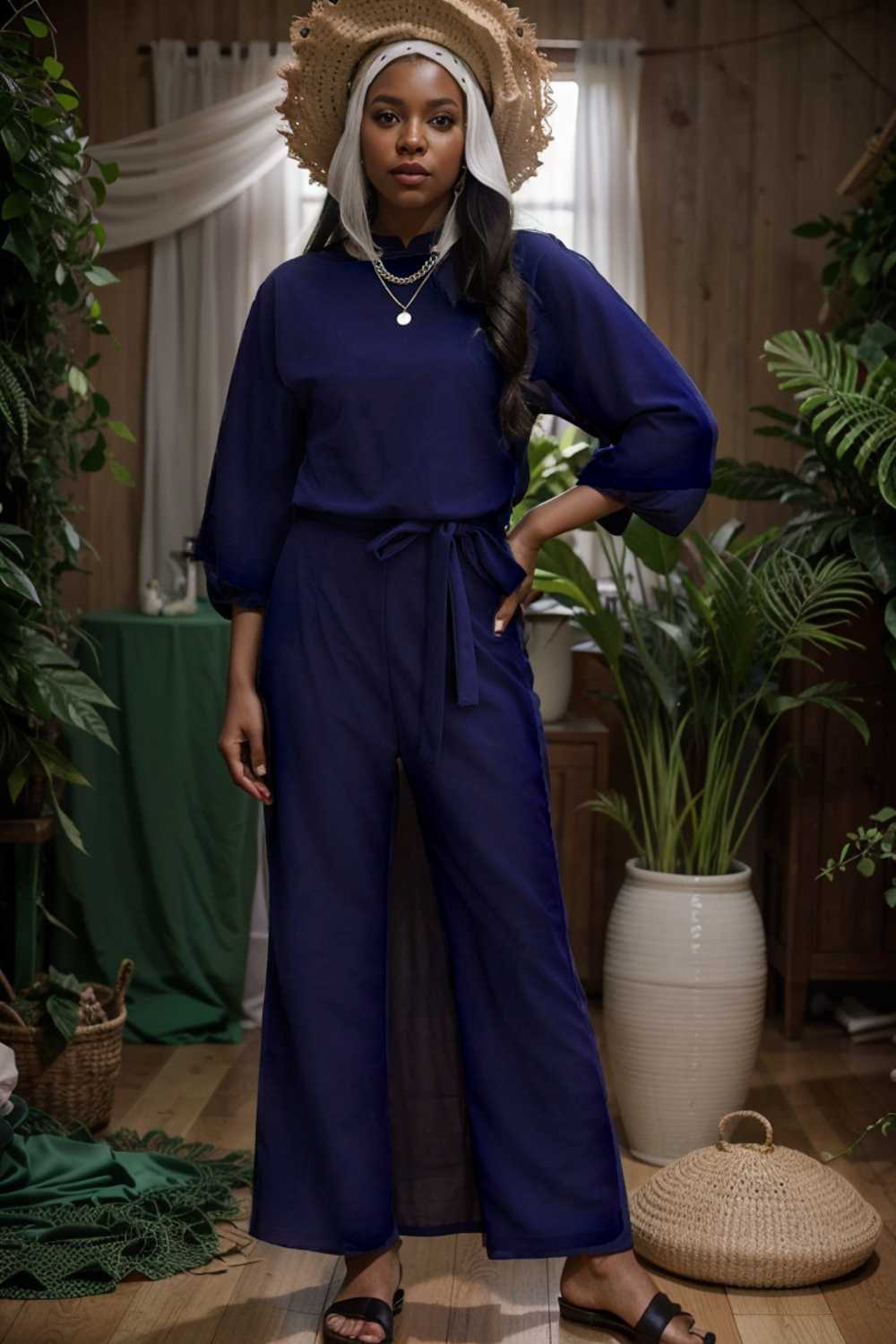 solid five point sleeve belted wide leg jumpsuit 106187