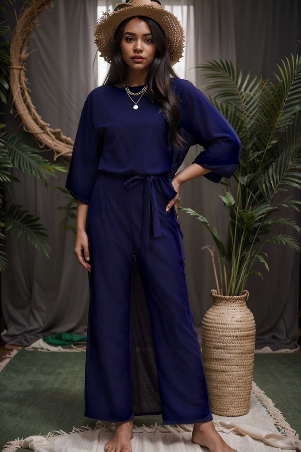solid five point sleeve belted wide leg jumpsuit 106186