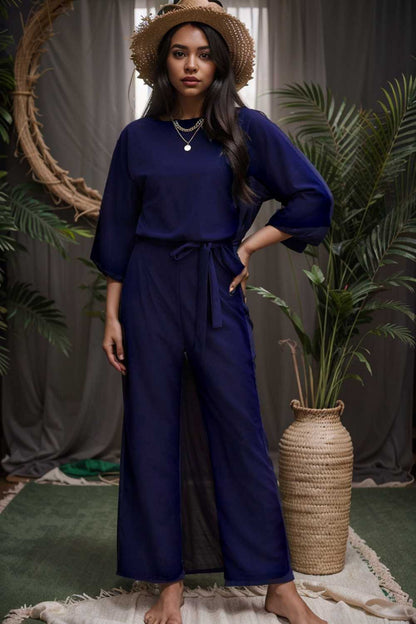 solid five point sleeve belted wide leg jumpsuit 106186