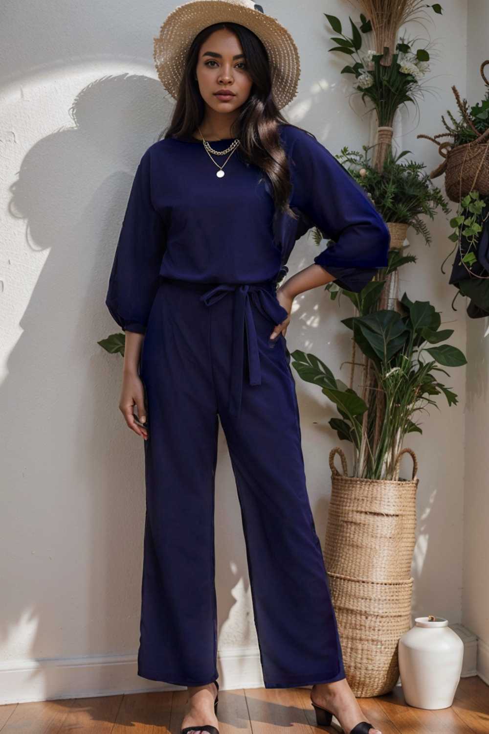 solid five point sleeve belted wide leg jumpsuit 106185