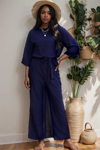 solid five point sleeve belted wide leg jumpsuit 106184