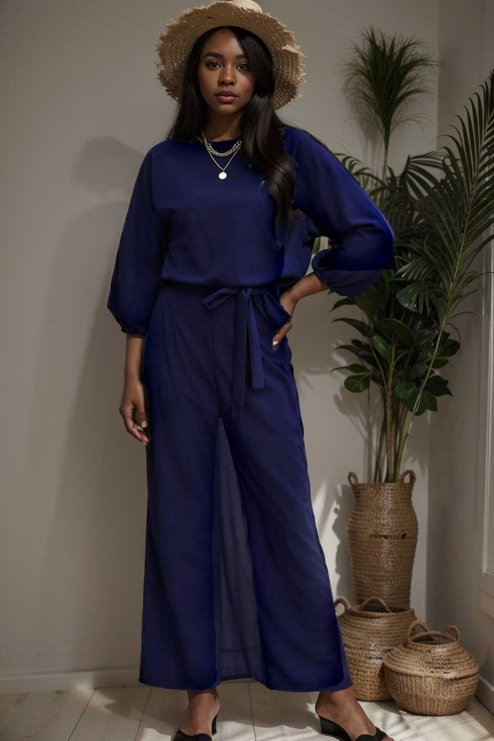 solid five point sleeve belted wide leg jumpsuit 106183