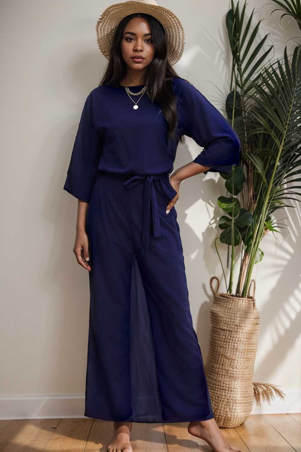 solid five point sleeve belted wide leg jumpsuit 106182