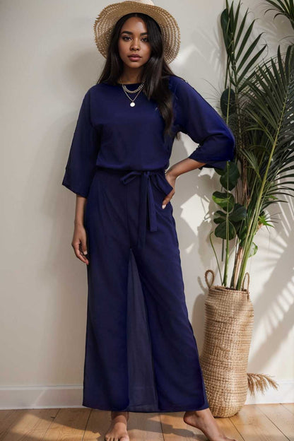 solid five point sleeve belted wide leg jumpsuit 106182