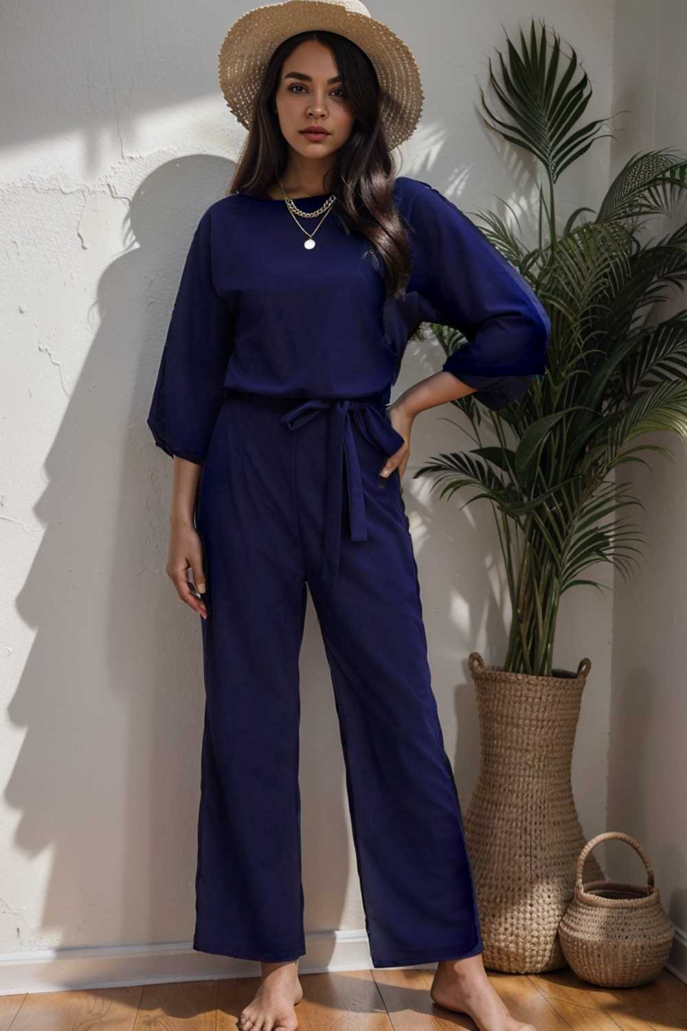 solid five point sleeve belted wide leg jumpsuit 106181
