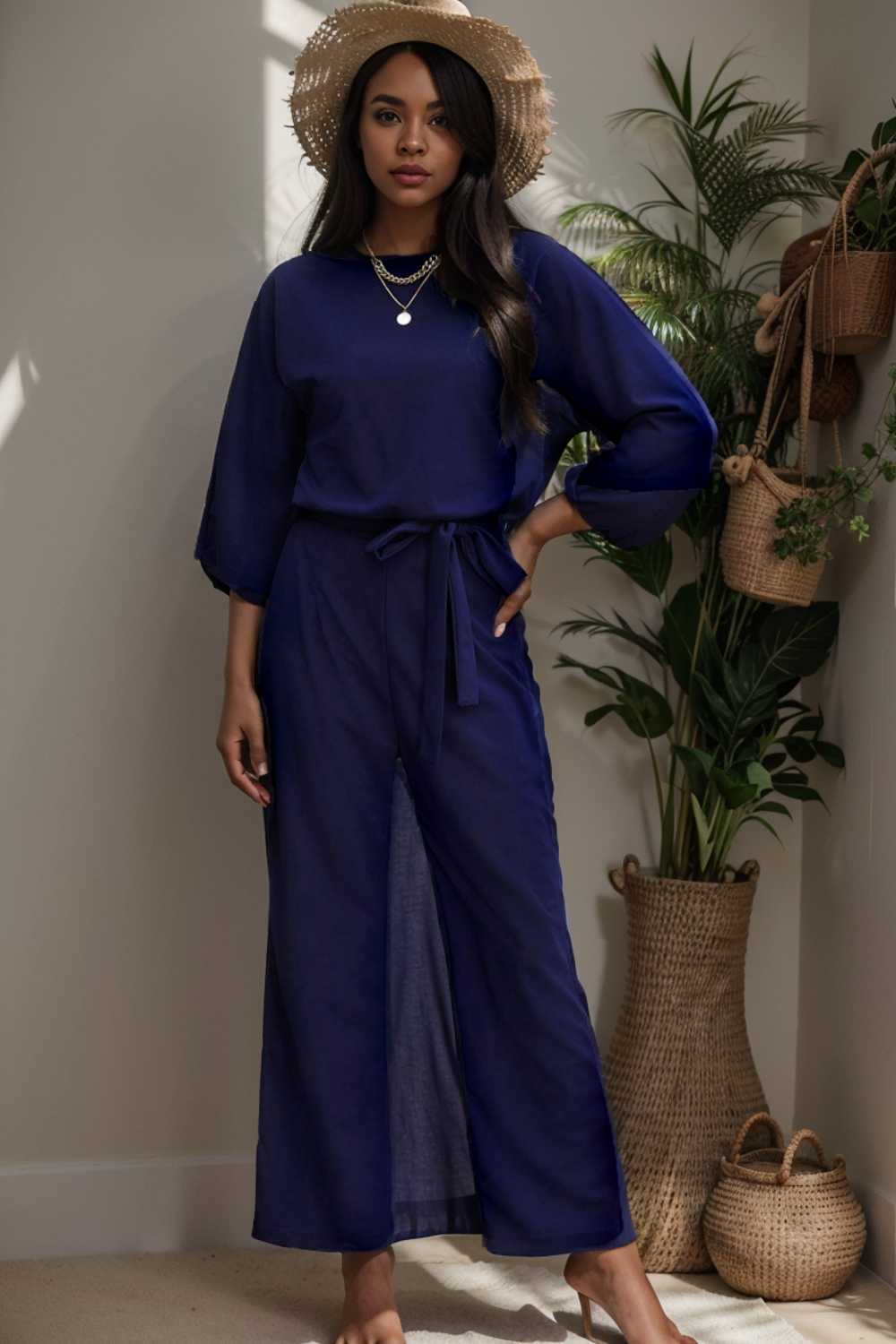 solid five point sleeve belted wide leg jumpsuit 106180