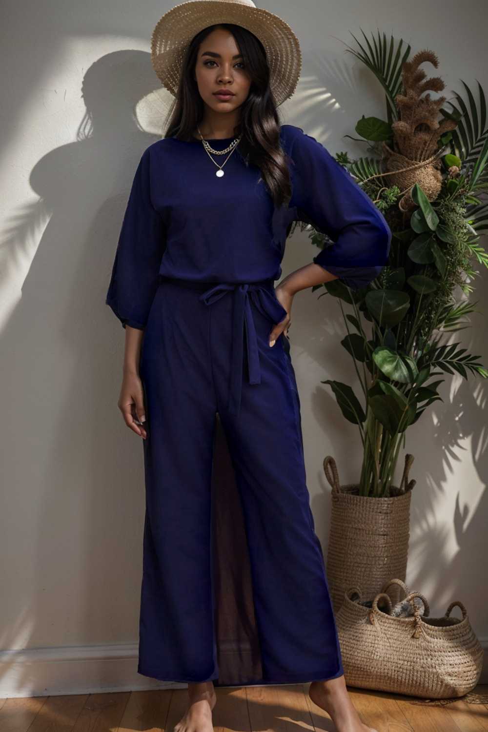 solid five point sleeve belted wide leg jumpsuit 106179
