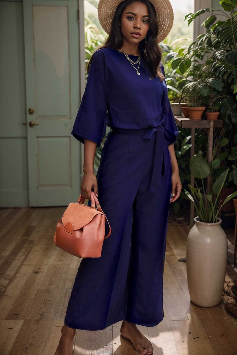 solid five point sleeve belted wide leg jumpsuit 106178