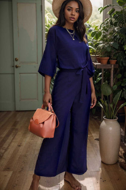 solid five point sleeve belted wide leg jumpsuit 106178