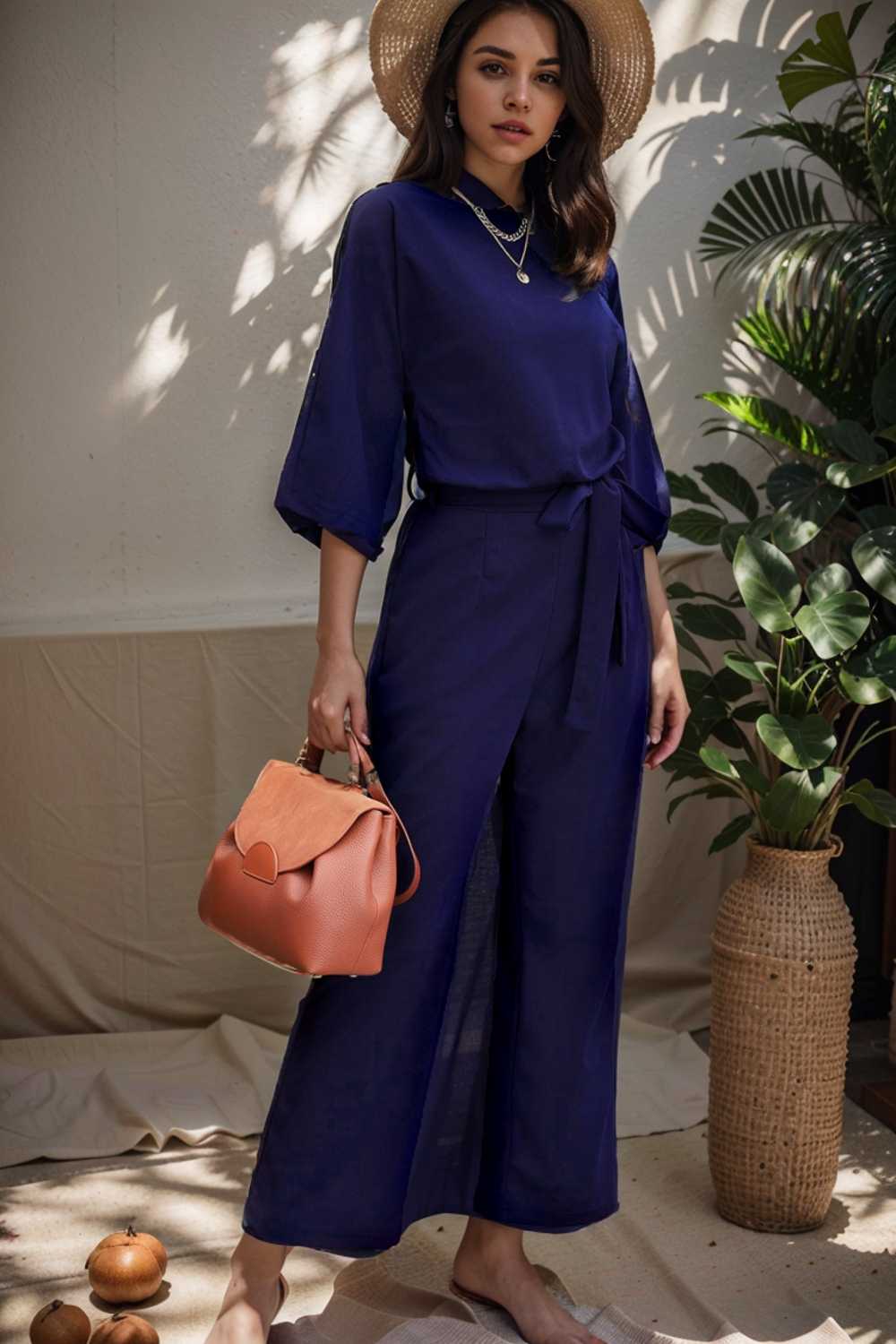 solid five point sleeve belted wide leg jumpsuit 106177
