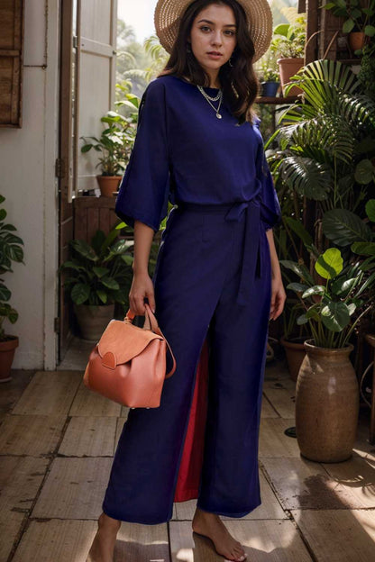 solid five point sleeve belted wide leg jumpsuit 106371