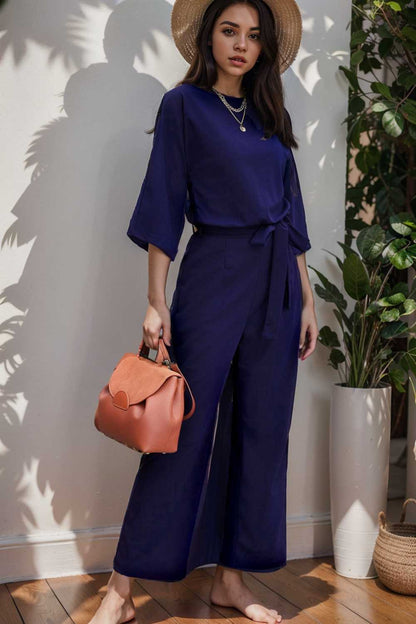 solid five point sleeve belted wide leg jumpsuit 106176