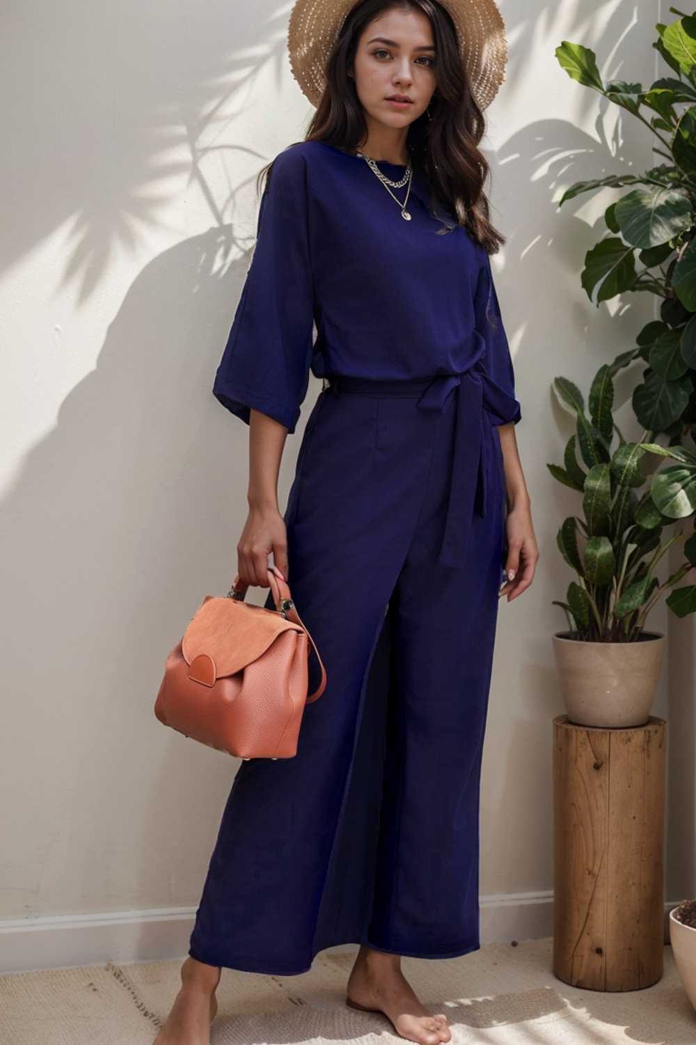 solid five point sleeve belted wide leg jumpsuit 106369