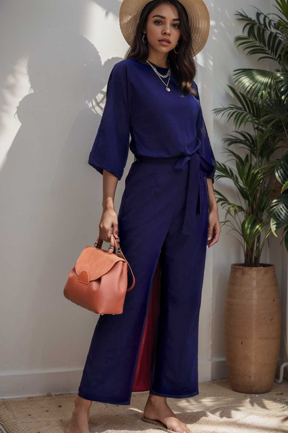 solid five point sleeve belted wide leg jumpsuit 106175