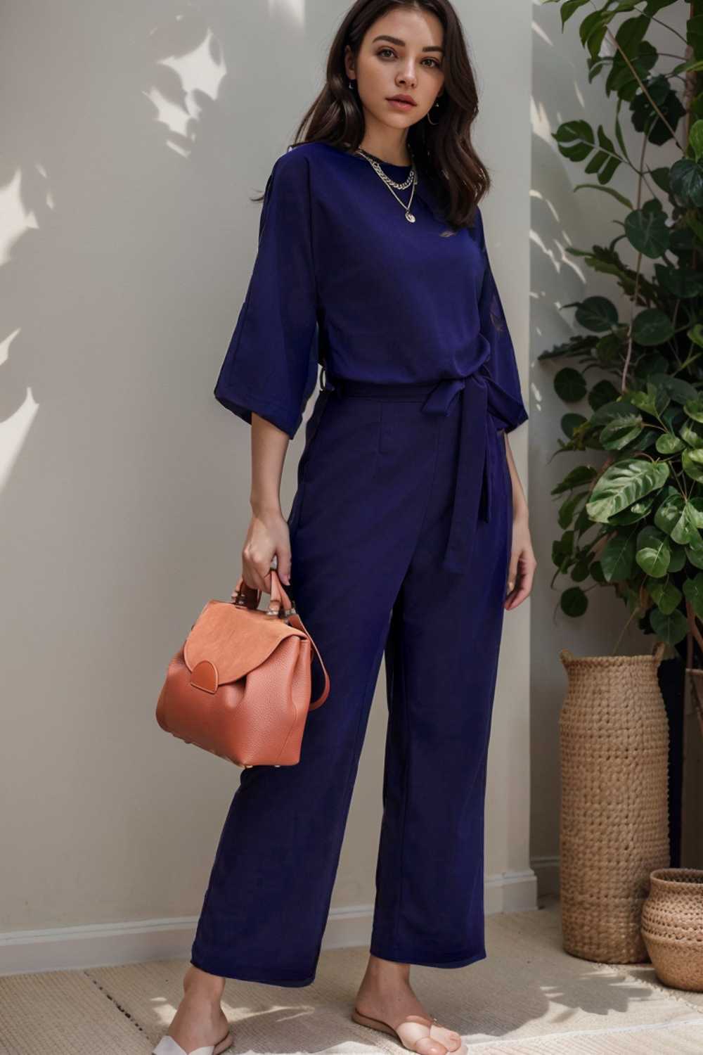 solid five point sleeve belted wide leg jumpsuit 106174