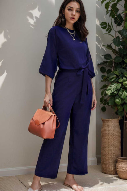 solid five point sleeve belted wide leg jumpsuit 106174