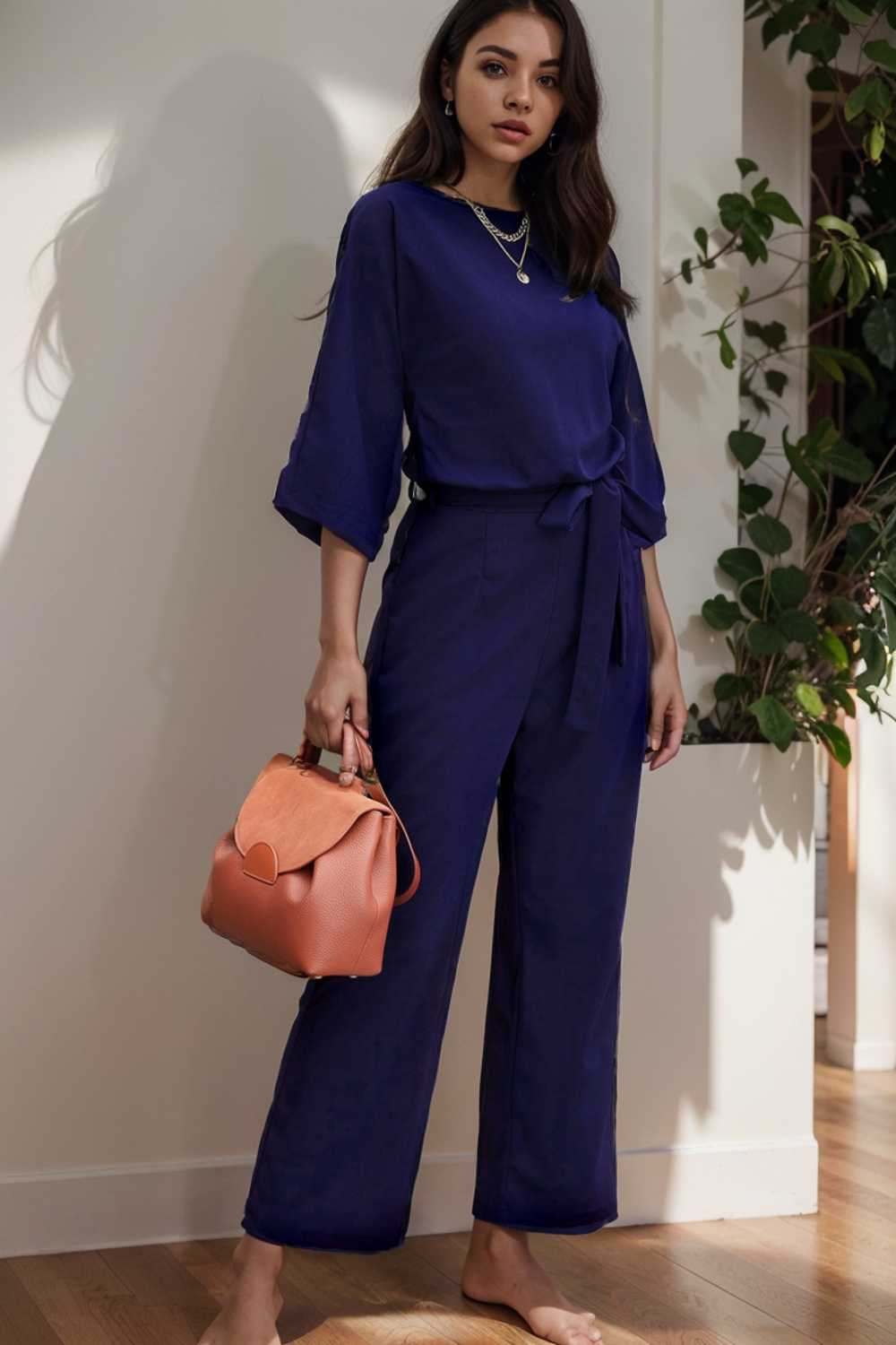 solid five point sleeve belted wide leg jumpsuit 106173