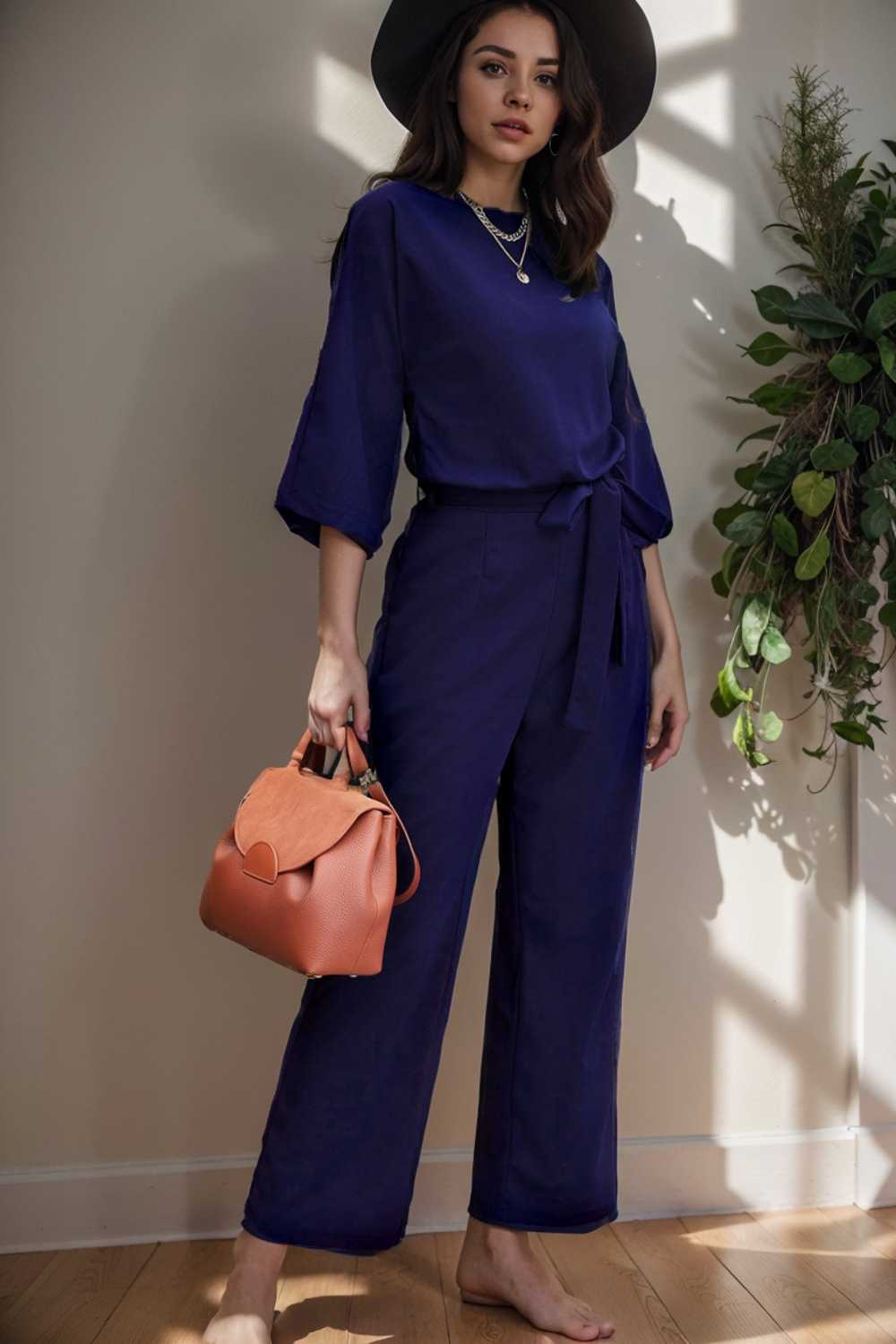 solid five point sleeve belted wide leg jumpsuit 106172