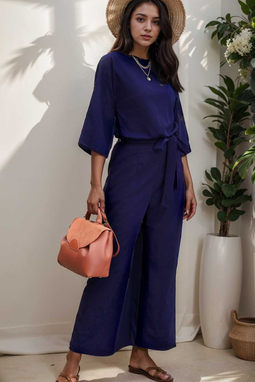 solid five point sleeve belted wide leg jumpsuit 106366