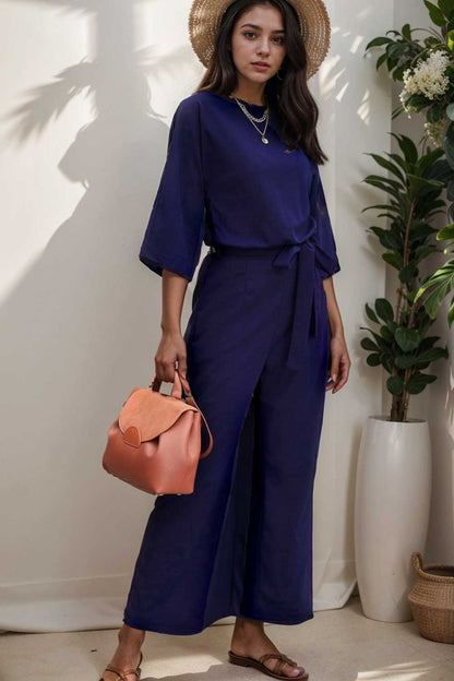 solid five point sleeve belted wide leg jumpsuit 106366