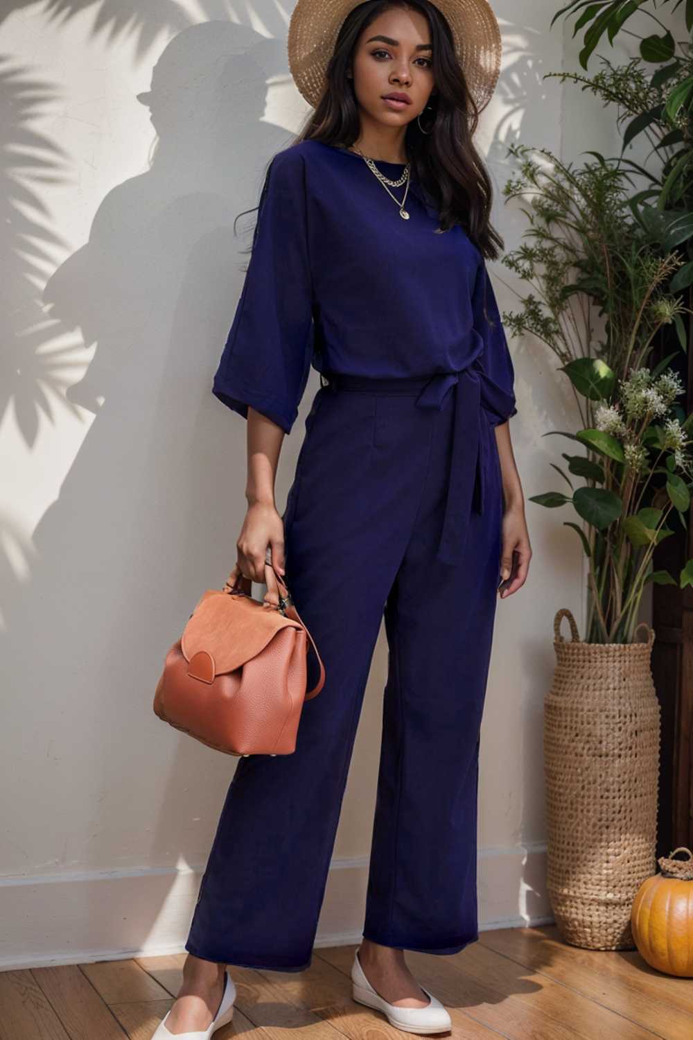 solid five point sleeve belted wide leg jumpsuit 106171