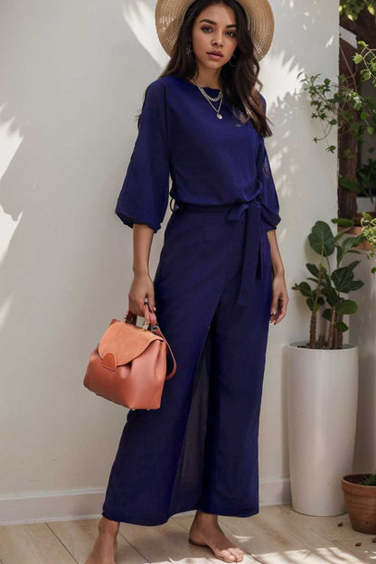 solid five point sleeve belted wide leg jumpsuit 106170