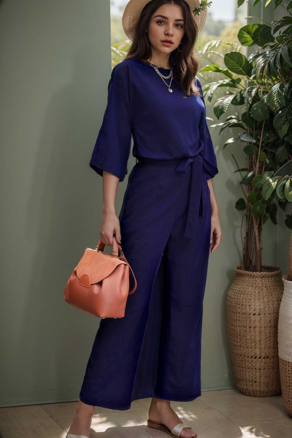 solid five point sleeve belted wide leg jumpsuit 106169