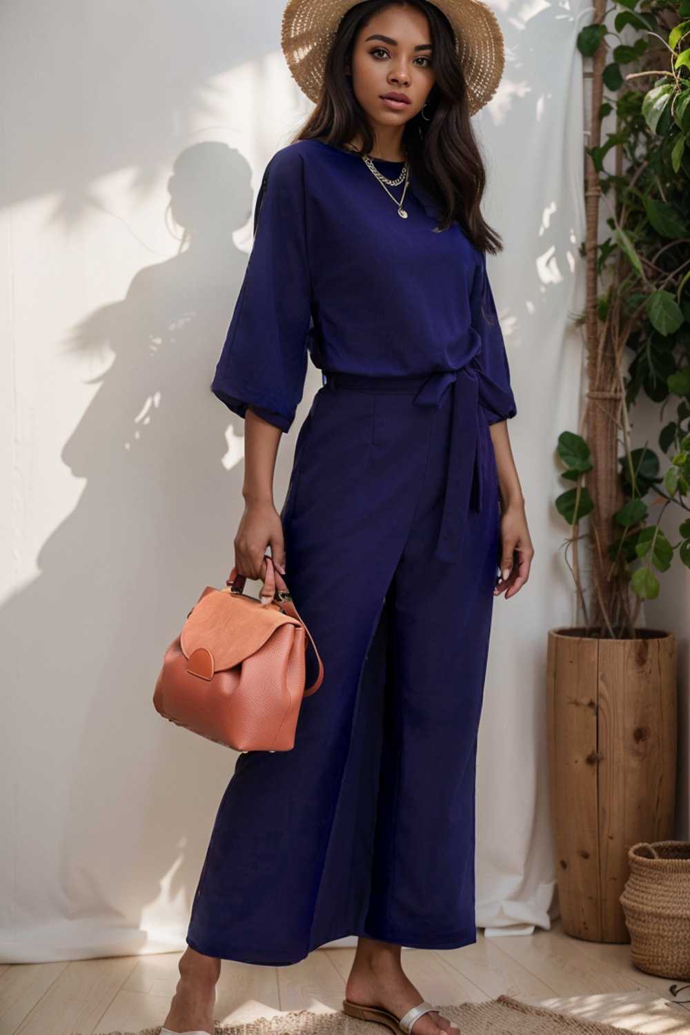 solid five point sleeve belted wide leg jumpsuit 106166