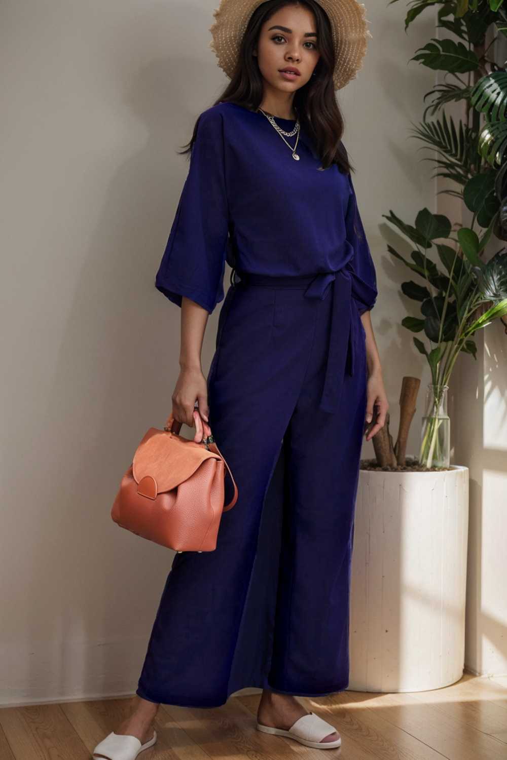 solid five point sleeve belted wide leg jumpsuit 106165