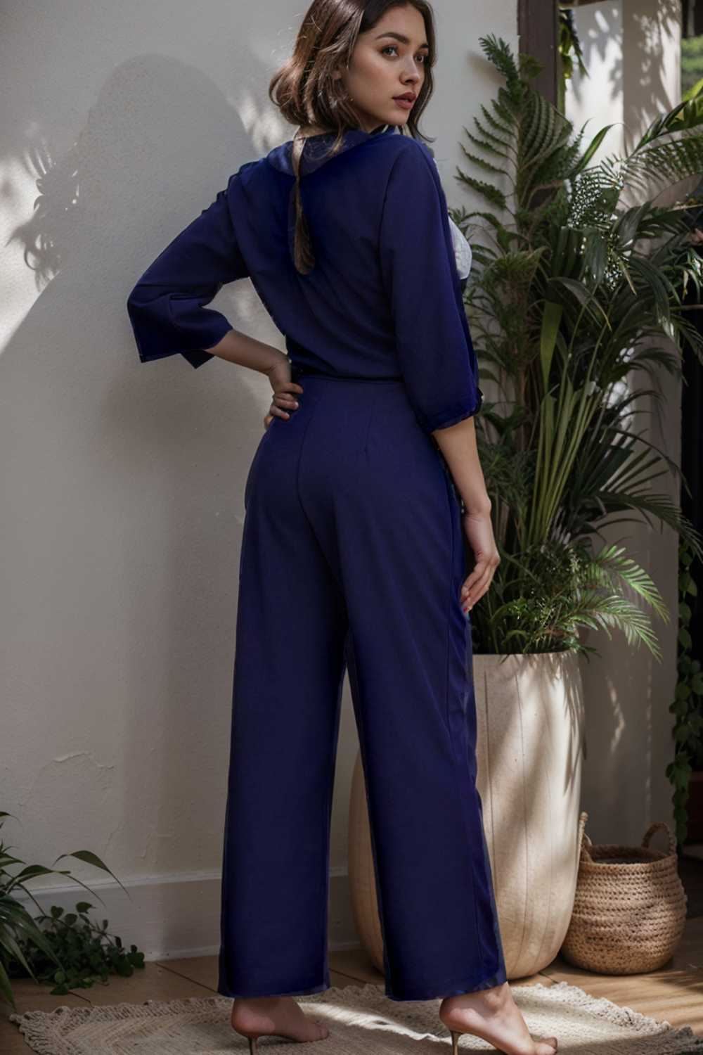 solid five point sleeve belted wide leg jumpsuit 106164
