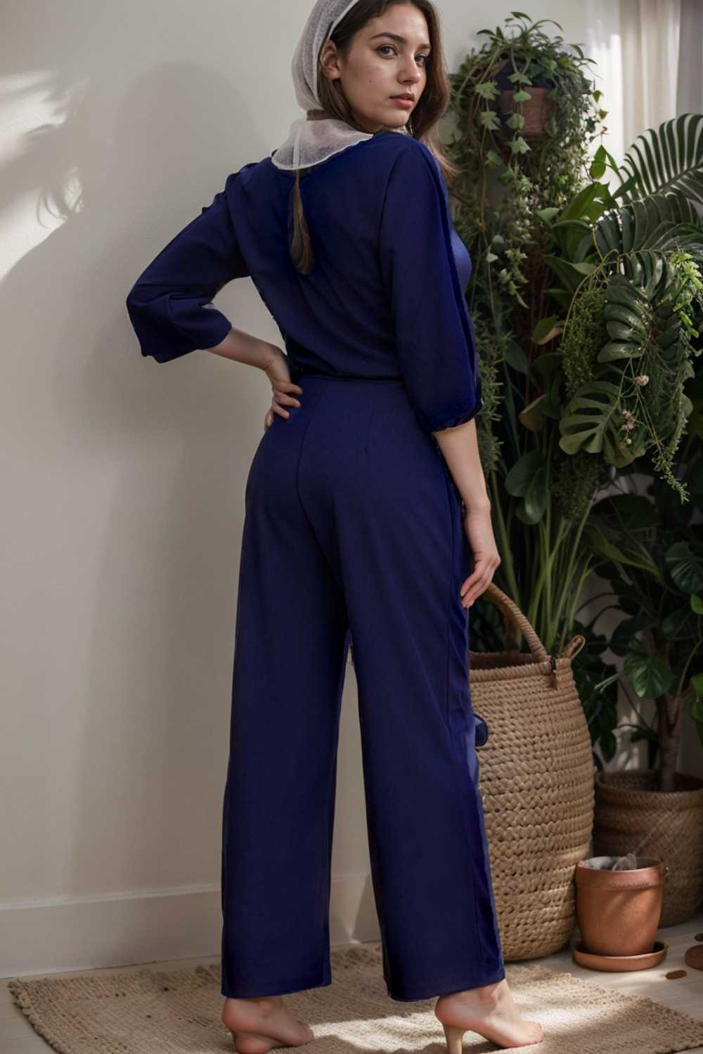 solid five point sleeve belted wide leg jumpsuit 106365