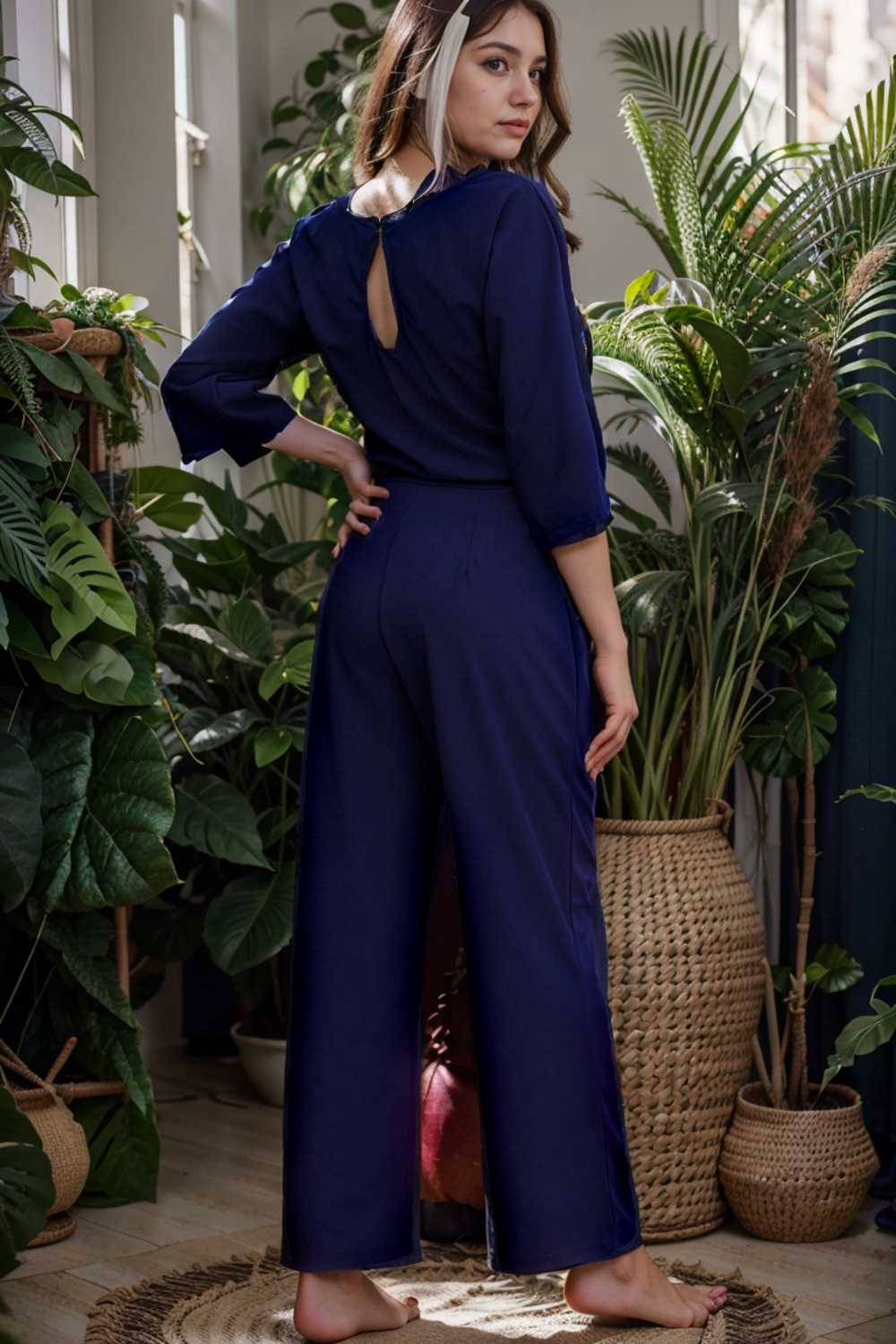 solid five point sleeve belted wide leg jumpsuit 106364