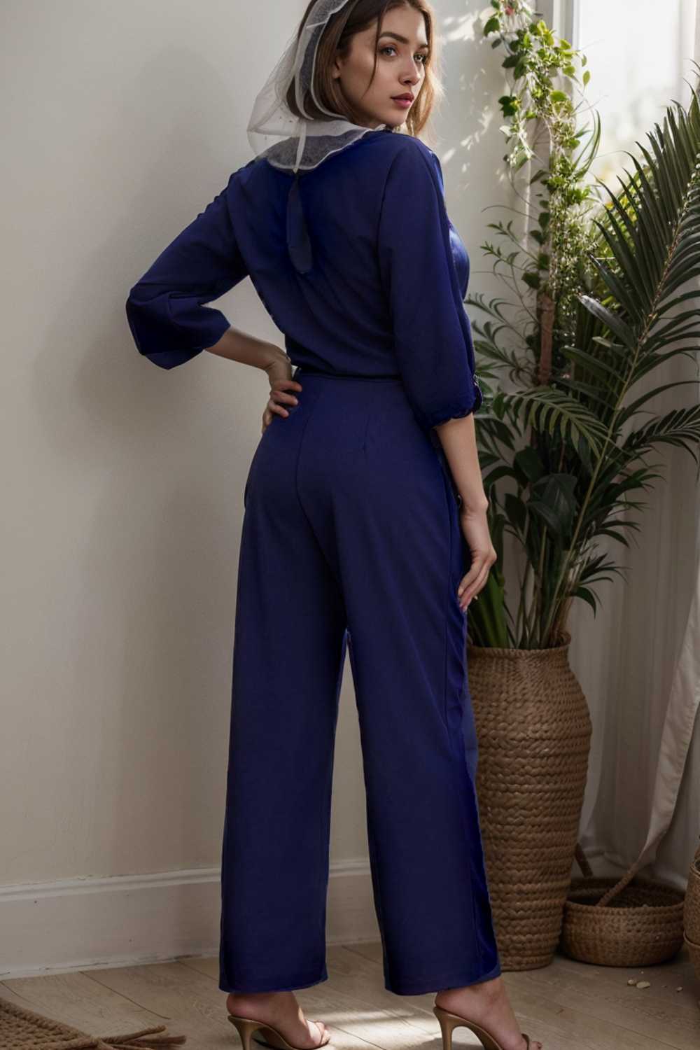 solid five point sleeve belted wide leg jumpsuit 106163