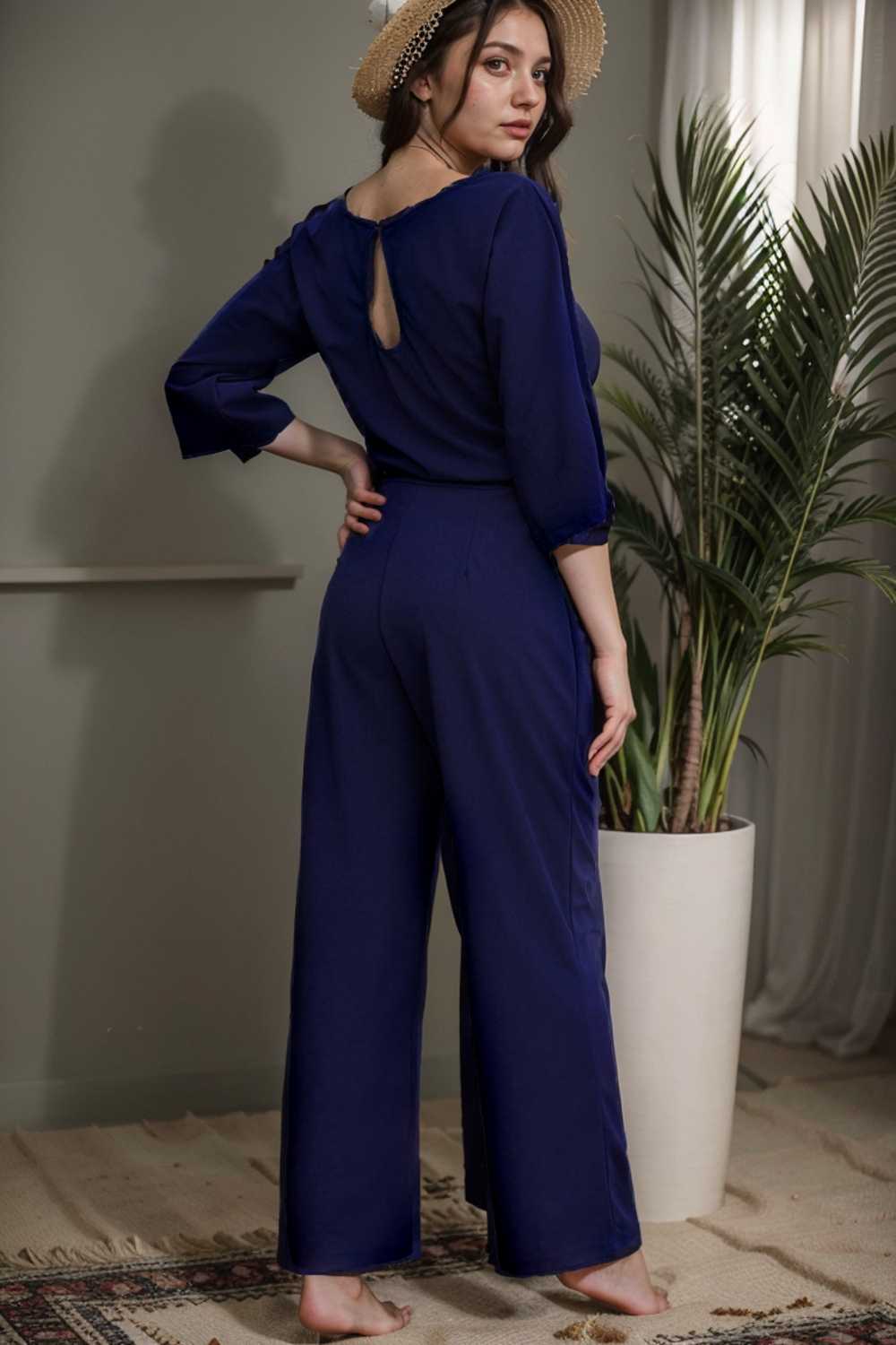 solid five point sleeve belted wide leg jumpsuit 106363
