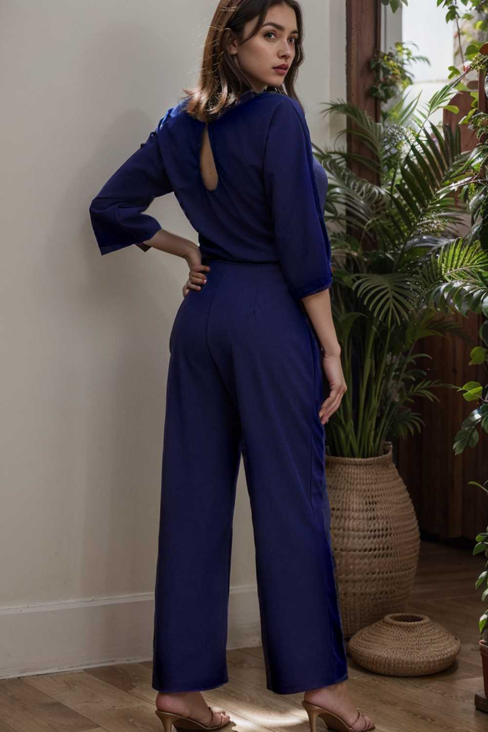solid five point sleeve belted wide leg jumpsuit 106162