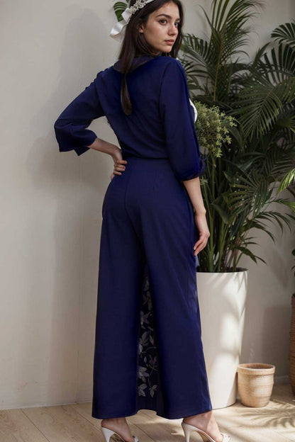 solid five point sleeve belted wide leg jumpsuit 106362