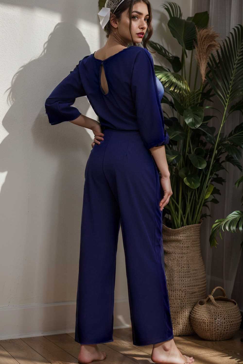 solid five point sleeve belted wide leg jumpsuit 106161