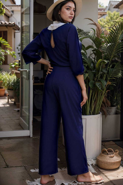 solid five point sleeve belted wide leg jumpsuit 106361