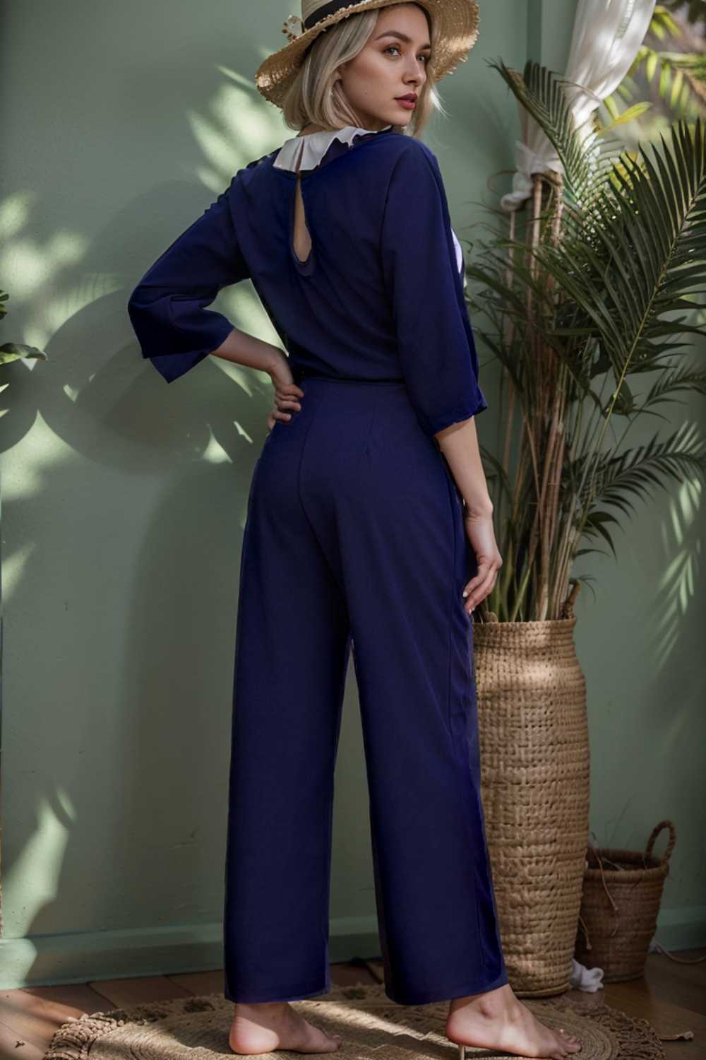solid five point sleeve belted wide leg jumpsuit 106160