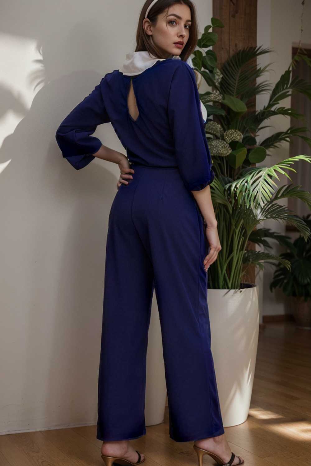 solid five point sleeve belted wide leg jumpsuit 106159
