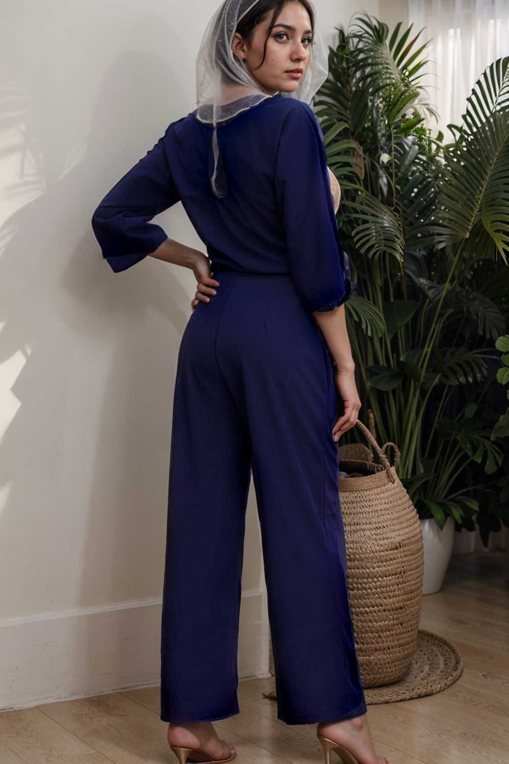 solid five point sleeve belted wide leg jumpsuit 106360